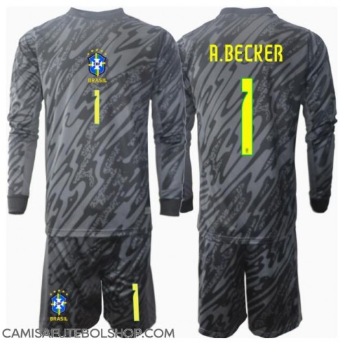 Camisa de time de futebol Brasil Alisson Becker #1 Goleiro Replicas 2º Equipamento Infantil Copa America 2024 Manga Comprida (+ Calças curtas)